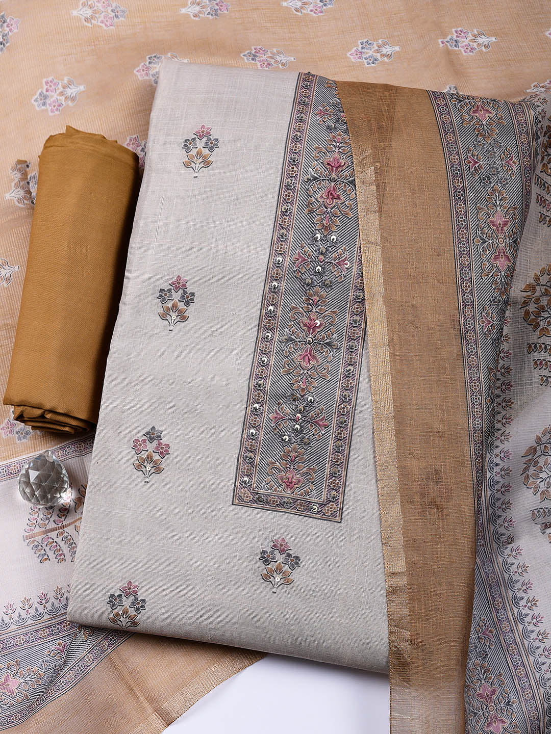 Embroidered Tissue Unstitched Suit With Pant &amp; Dupatta