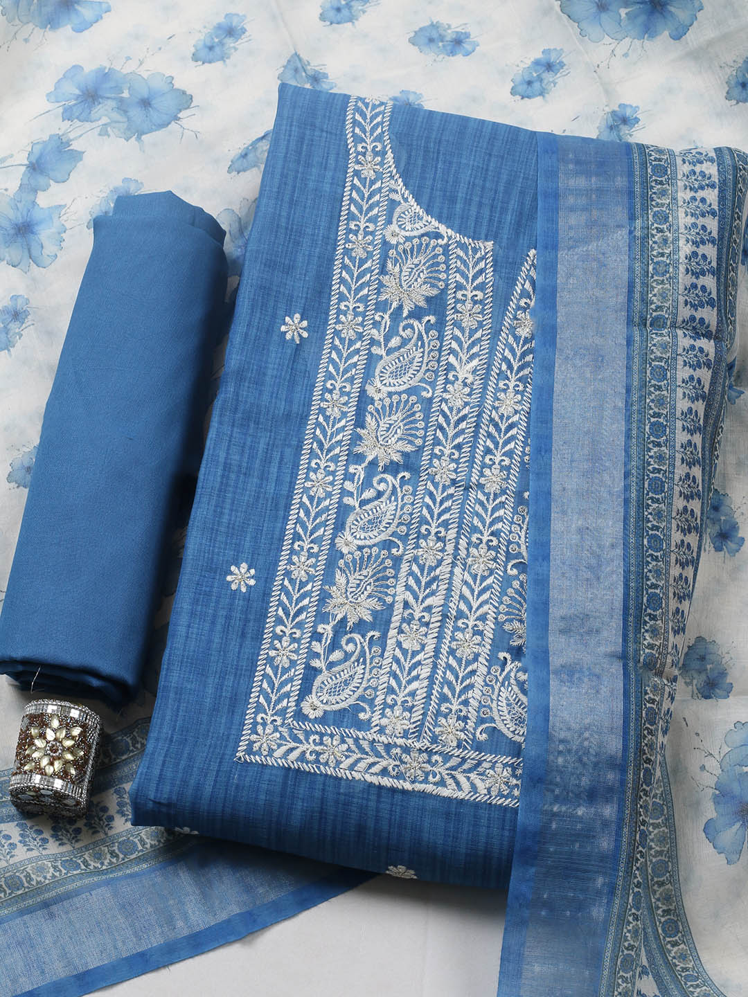 Embroidered Linen Blend Unstitched Suit With Pant &amp; Dupatta