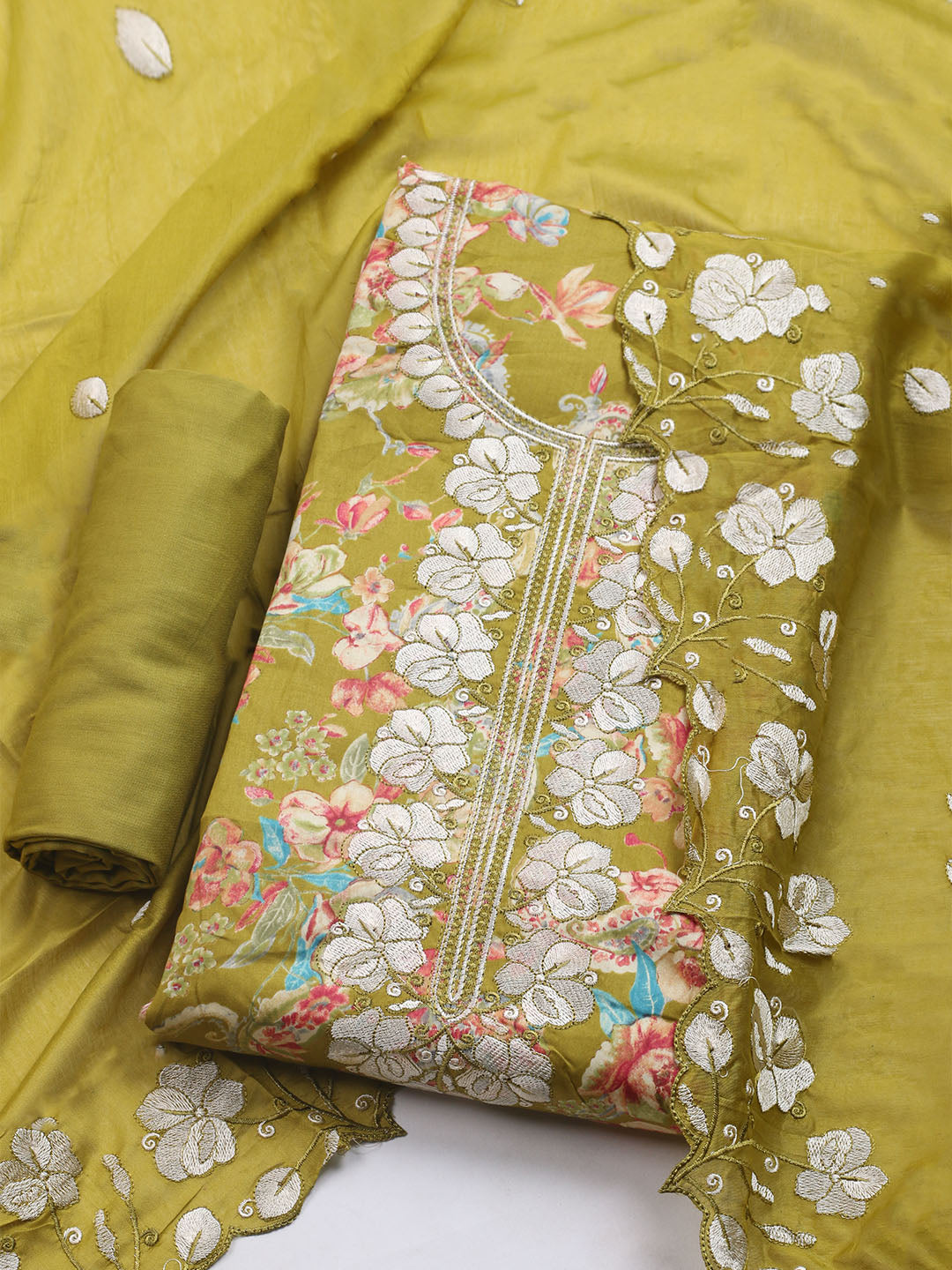 Neck Embroidered Cotton Blend Unstitched Suit With Dupatta