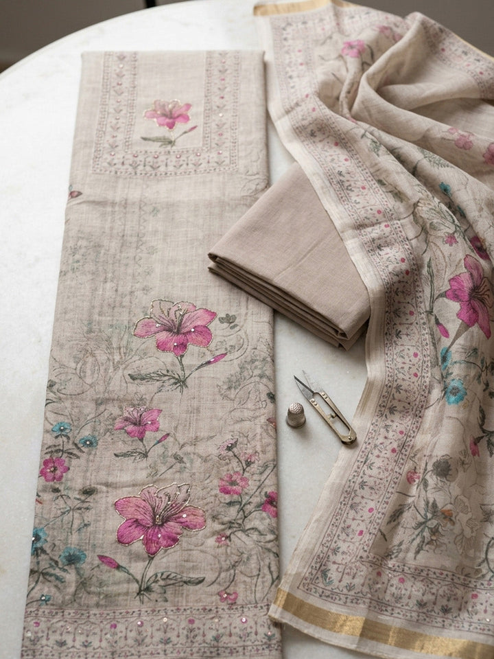 Printed Linen Blend Unstitched Suit With Pant &amp; Dupatta