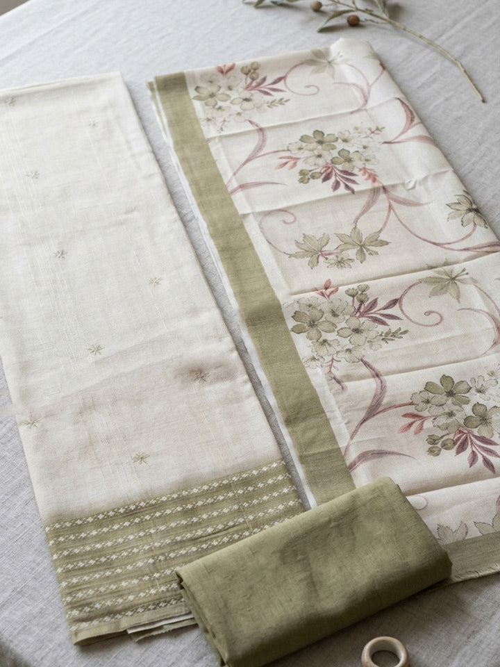 Embroidered Art Silk Unstitched Suit With Pant &amp; Dupatta