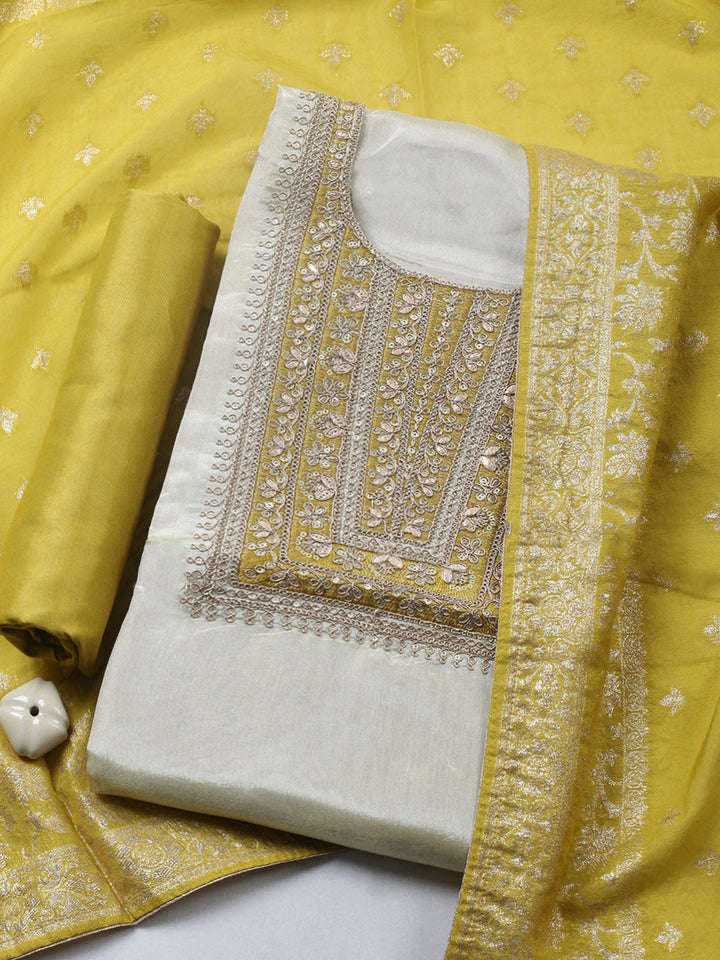 Embroidered Tissue Unstitched Suit With Pant &amp; Dupatta