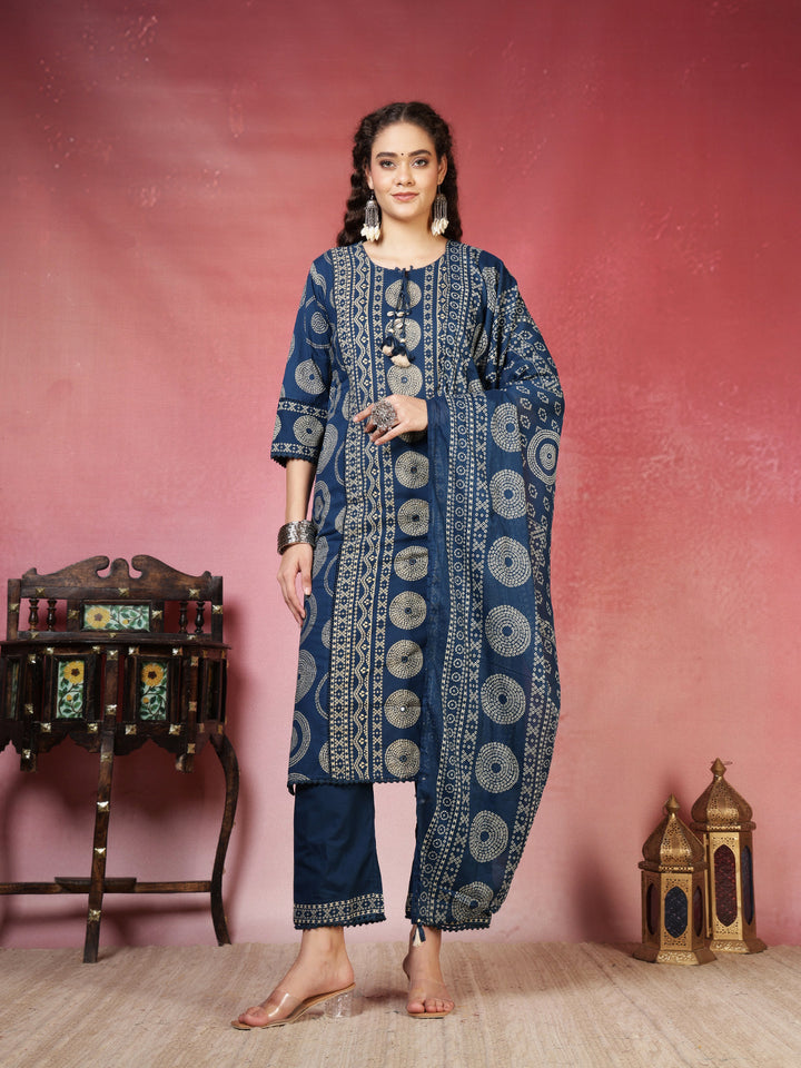 Teal Blue Cotton Blend Printed Straight Suit Set