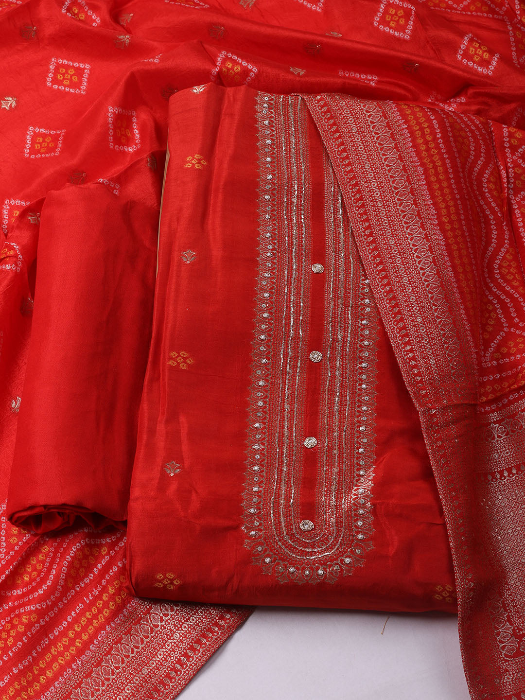 Woven Design Chanderi Unstitched Kurta With Pant &amp; Dupatta