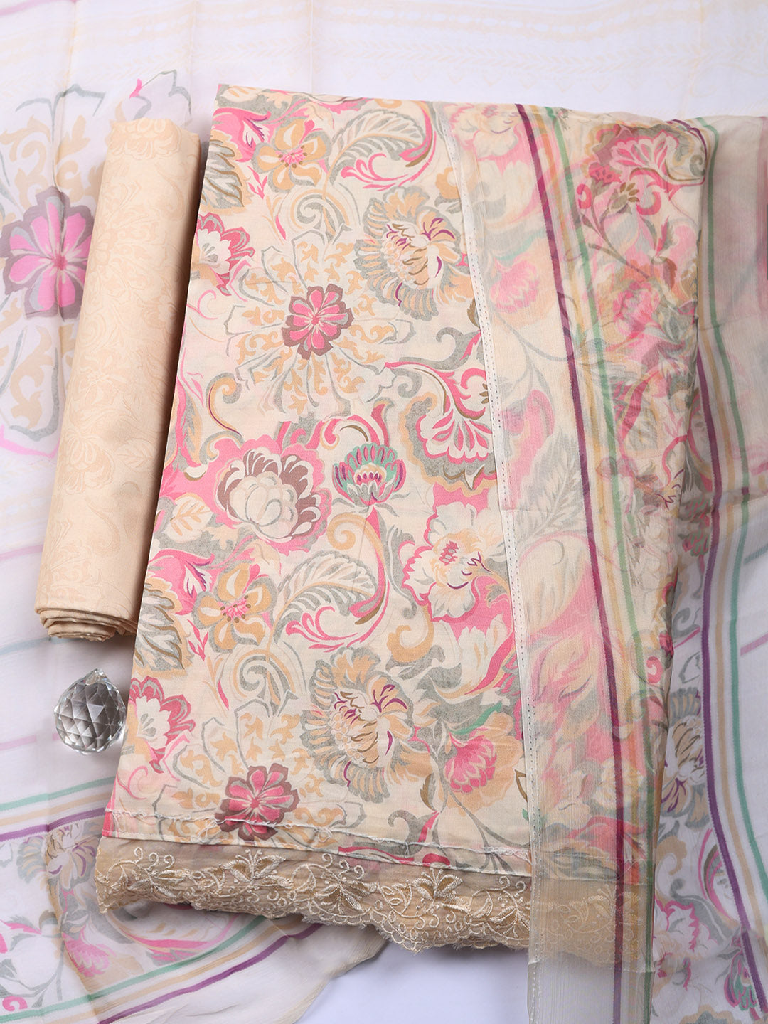 Embroidered Cotton Blend Unstitched Suit With Pant &amp; Dupatta