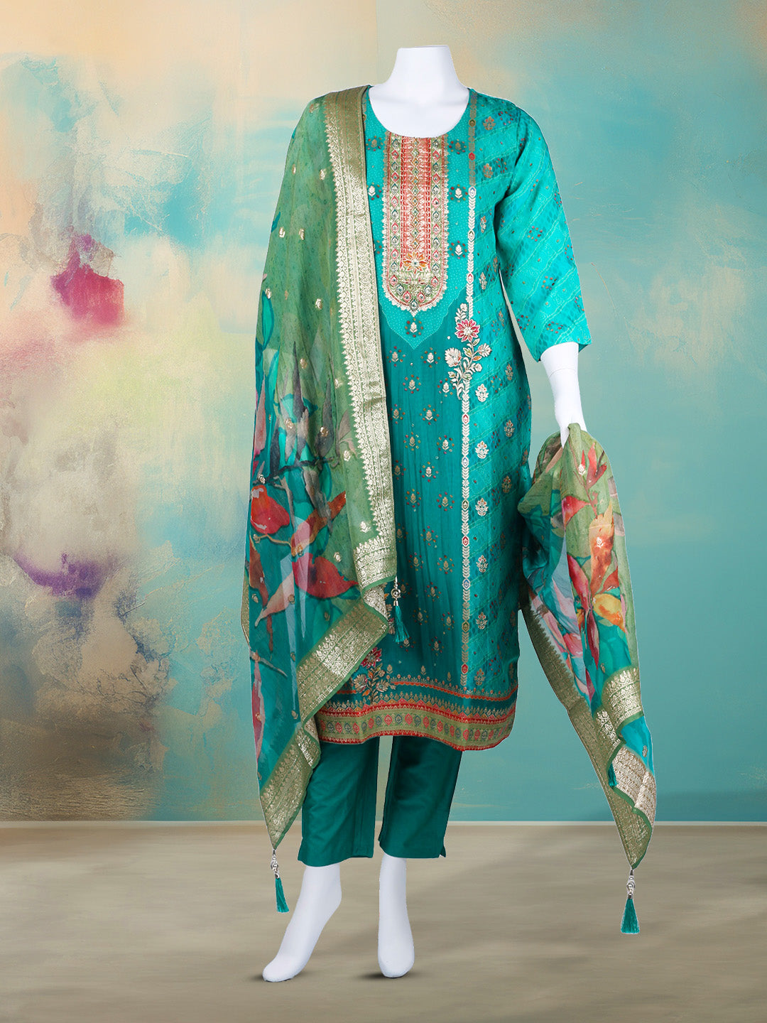 Bandhani Printed Organza Kurta With Pants &amp; Dupatta