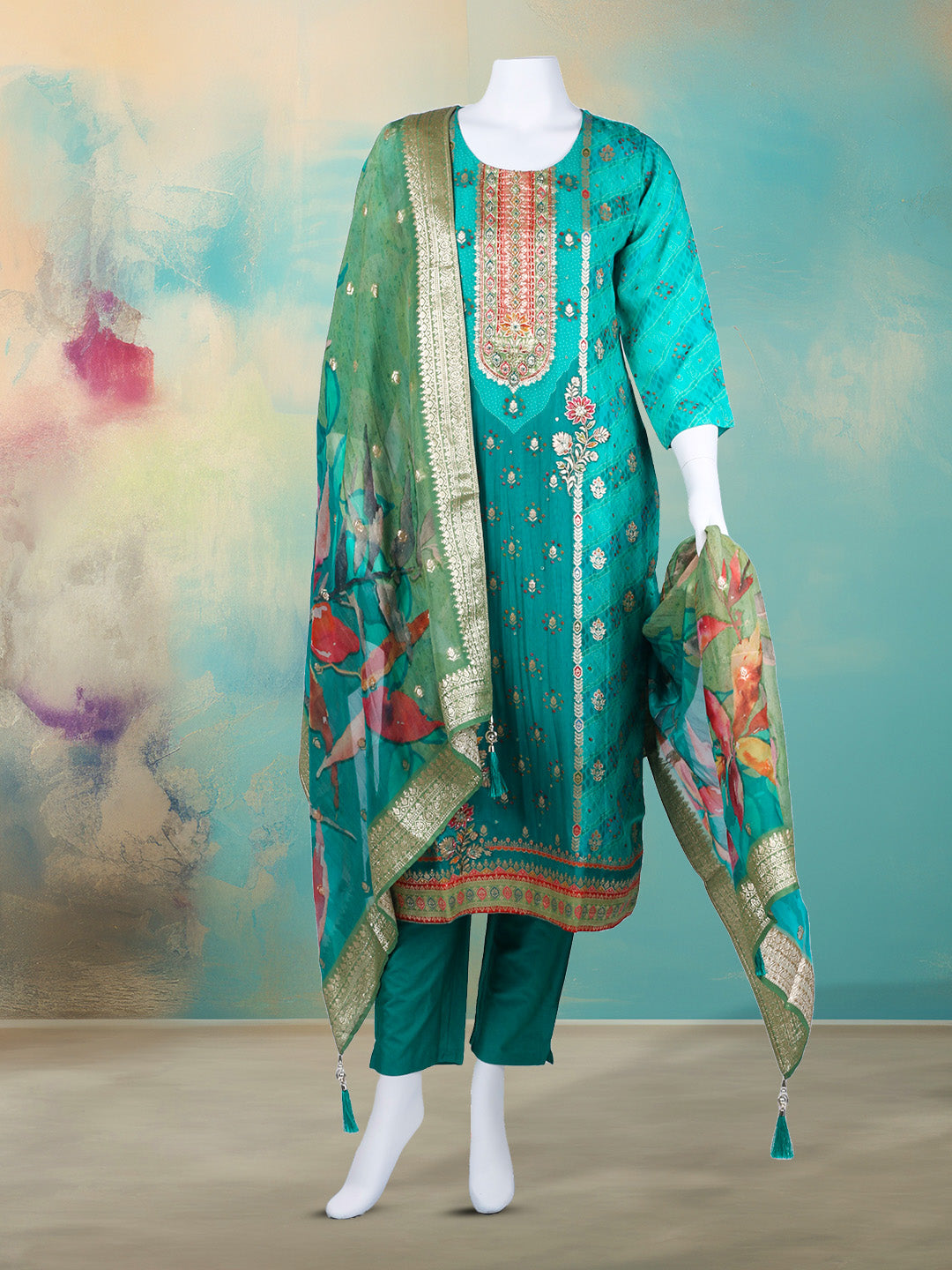 Bandhani Printed Organza Kurta With Pants & Dupatta