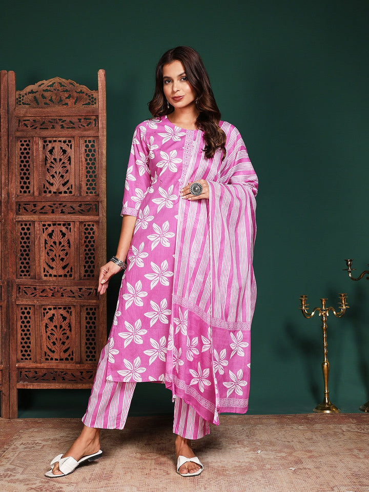 Printed Cotton Blend Kurta With Pant &amp; Dupatta