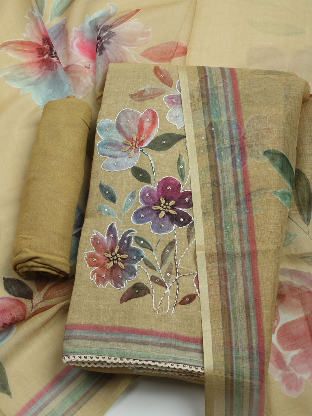 Printed Linen Unstitched Kurta With Pant &amp; Dupatta