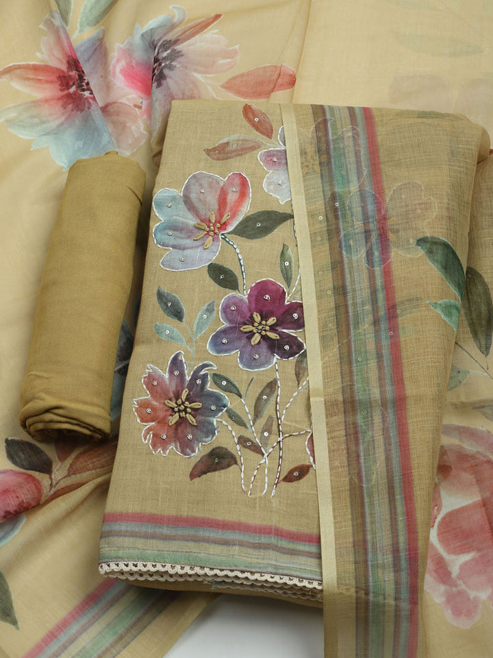 Printed Linen Unstitched Kurta With Pant &amp; Dupatta