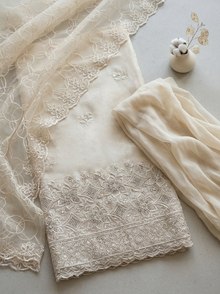 Embroidered Cotton Blend Unstitched Suit With Pant &amp; Dupatta