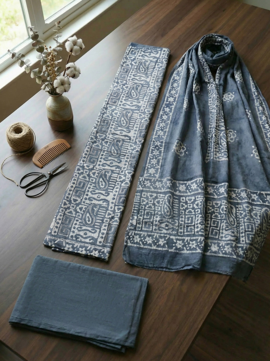 Embroidered Cotton Blend Unstitched Suit With Pant &amp; Dupatta