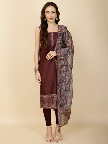 Kantha Embroidery & Printed Chanderi Unstitched Suit Piece With Dupatta