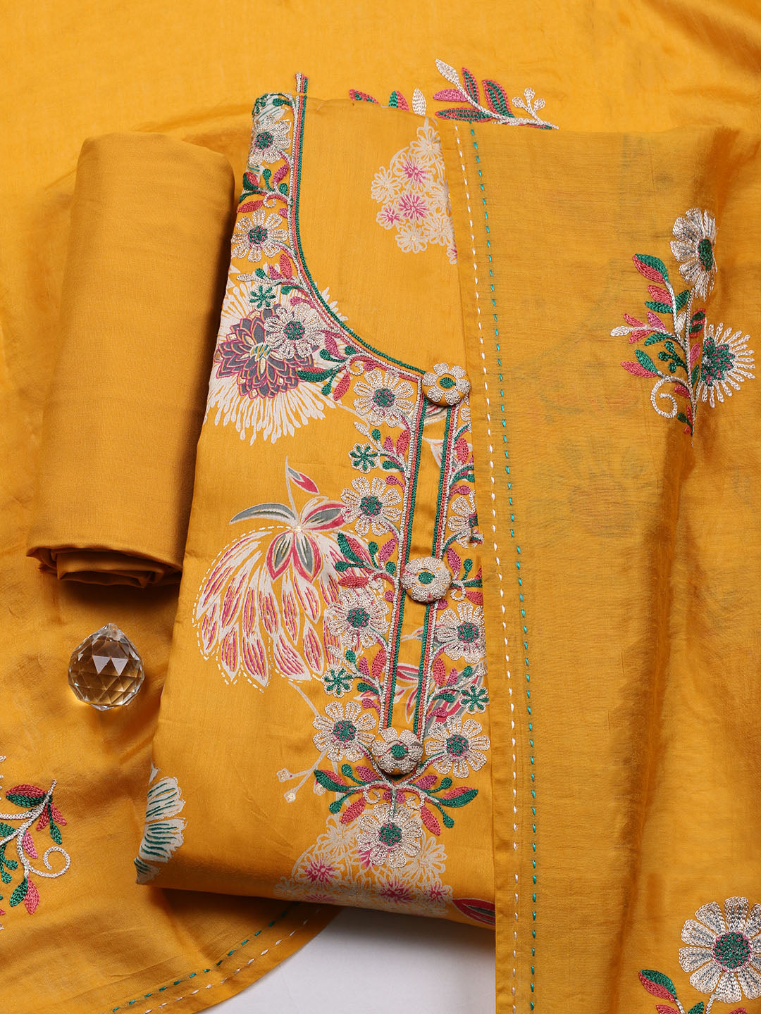 Embroidered Cotton Blend Unstitched Suit With Pant &amp; Dupatta