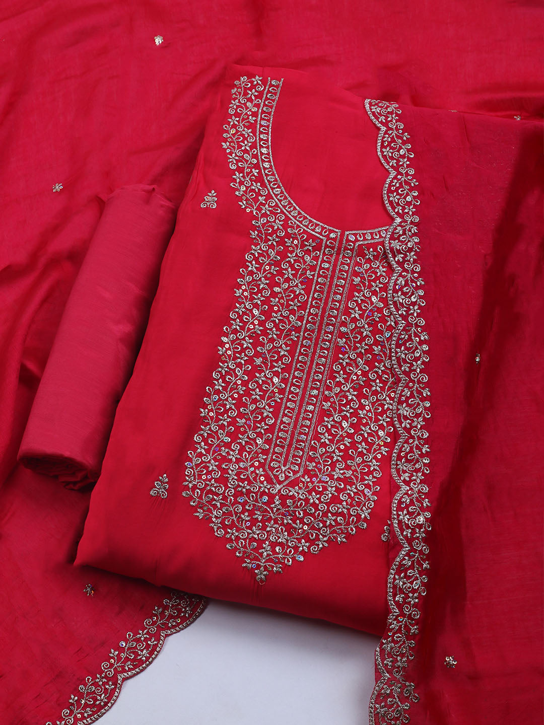 Neck Embroidered Chanderi Unstitched Suit With Dupatta