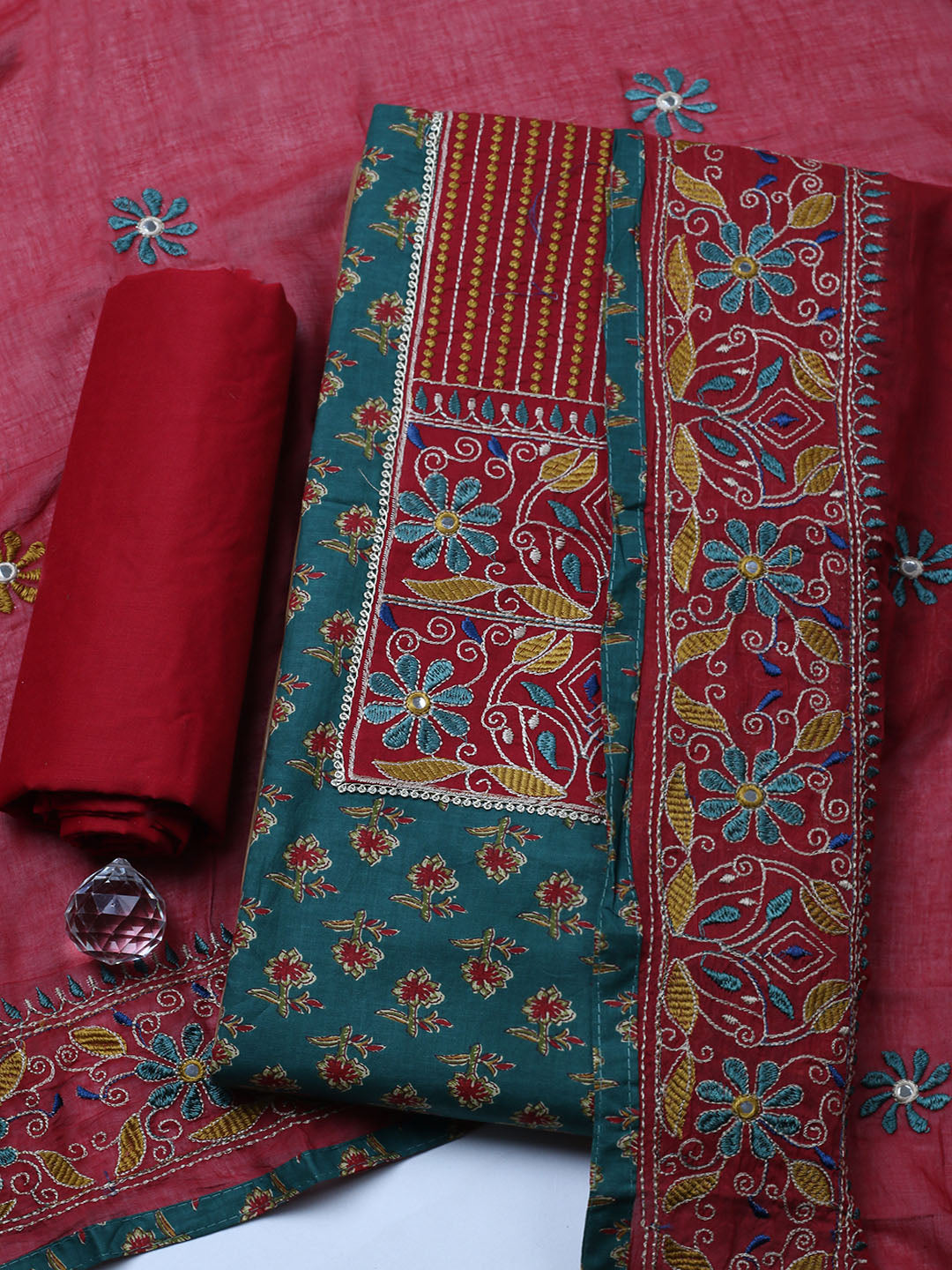 Embroidered Cotton Blend Unstitched Suit With Pant &amp; Dupatta