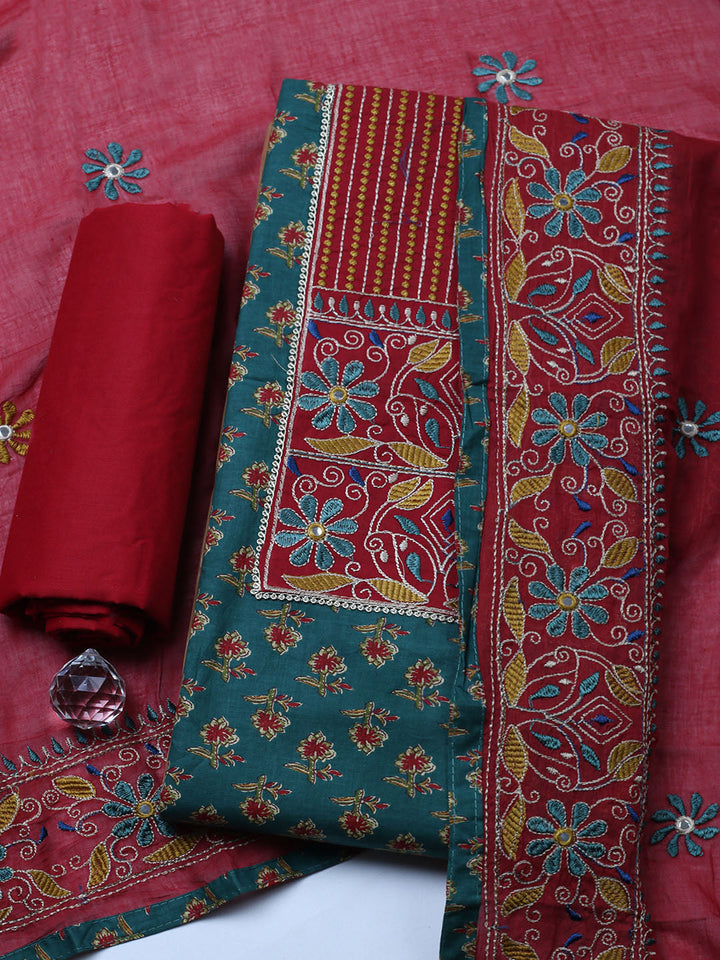 Embroidered Cotton Blend Unstitched Suit With Pant &amp; Dupatta