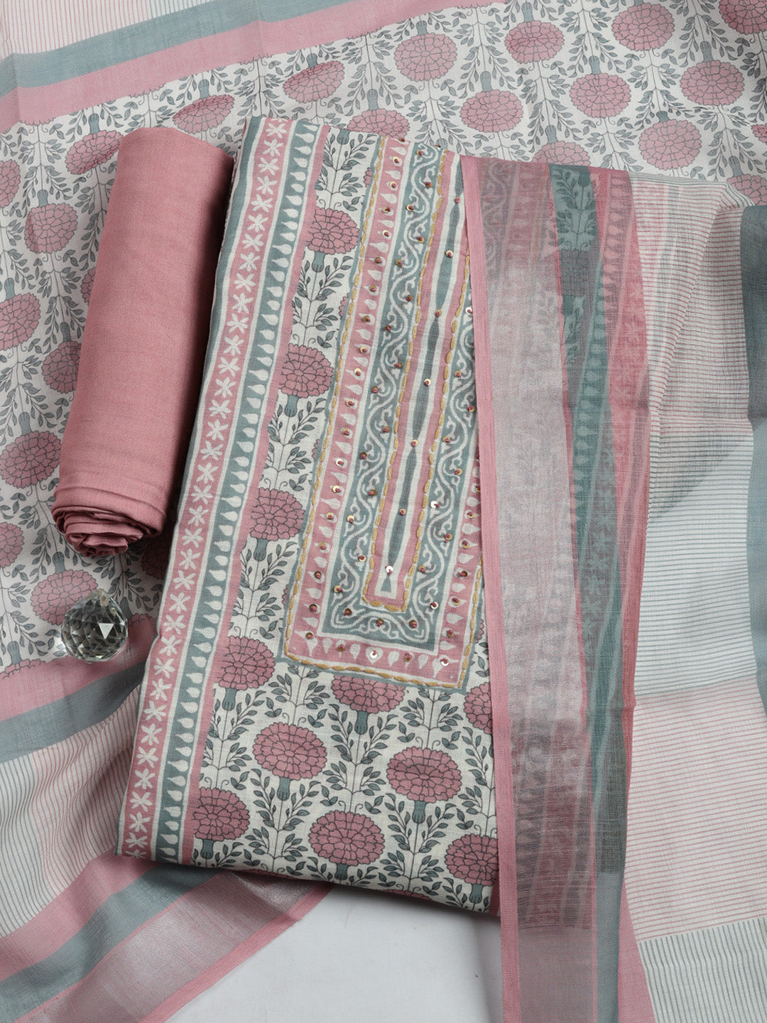Printed Linen Blend Unstitched Suit With Pant &amp; Dupatta