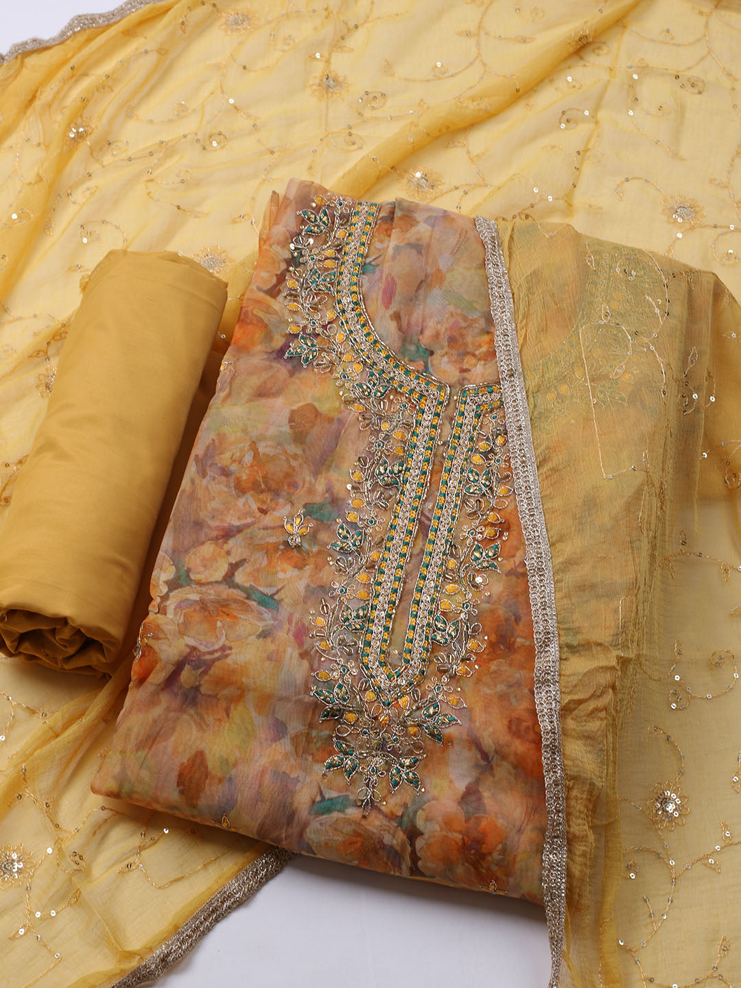 Neck Embroidered Organza Unstitched Suit With Dupatta