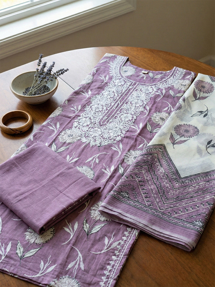 Embroidered Cotton Blend Unstitched Suit With Pant &amp; Dupatta