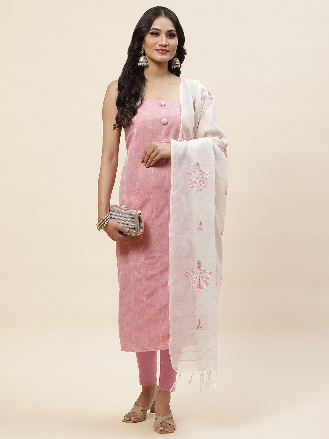 Kanth Work Cotton Unstitched Suit Piece With Dupatta