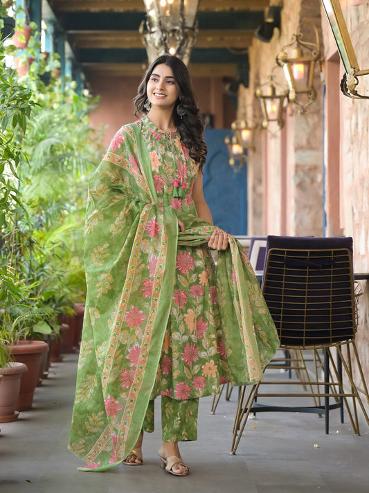 Printed Cotton Blend Kurta With Pants & Dupatta