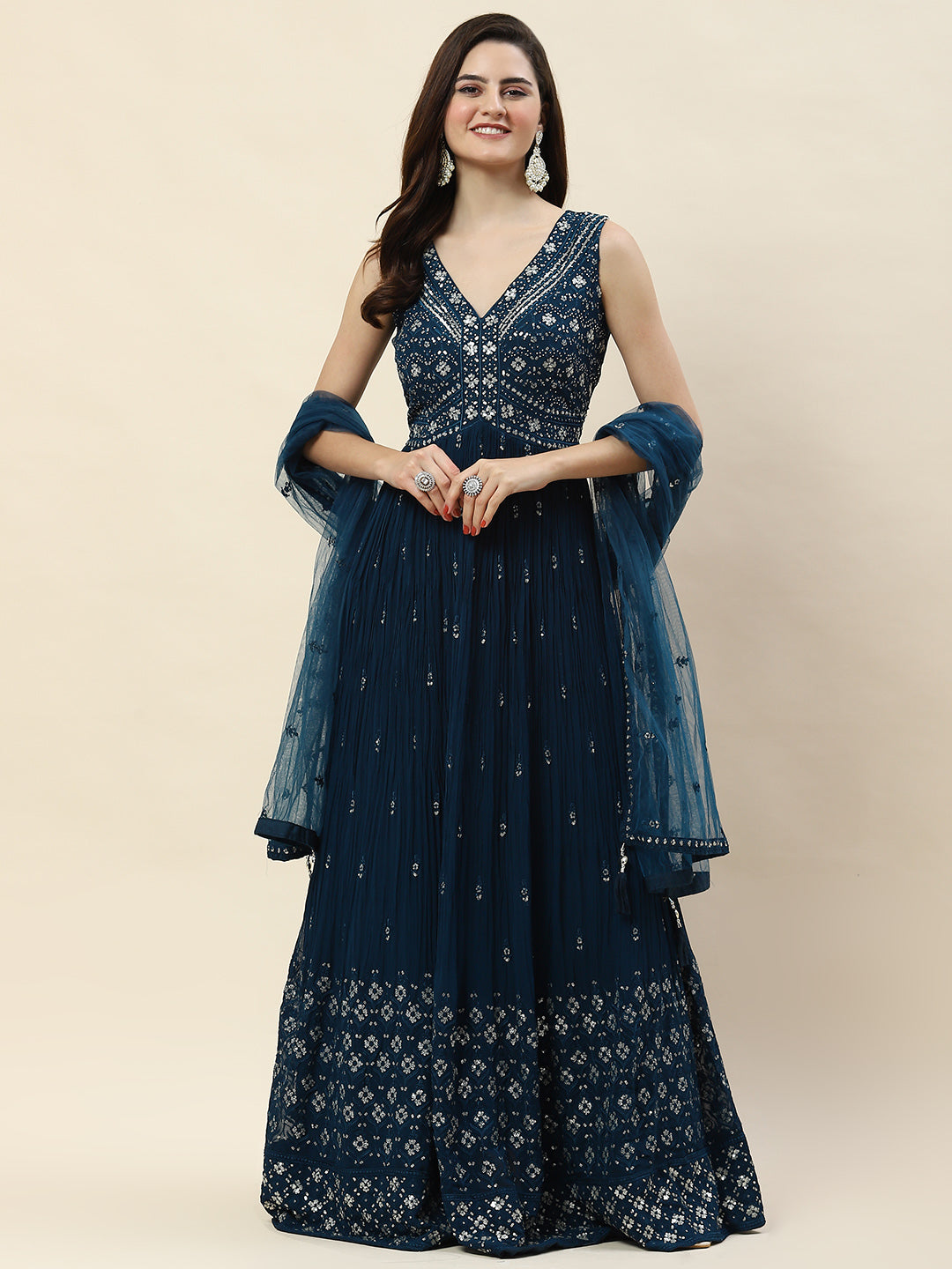 Sequin Embroidery Georgette Kurta With Palazzo & Dupatta
