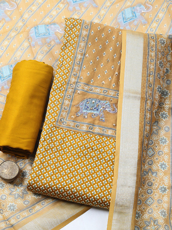 Printed Cotton Blend Unstitched Suit With Pant &amp; Dupatta