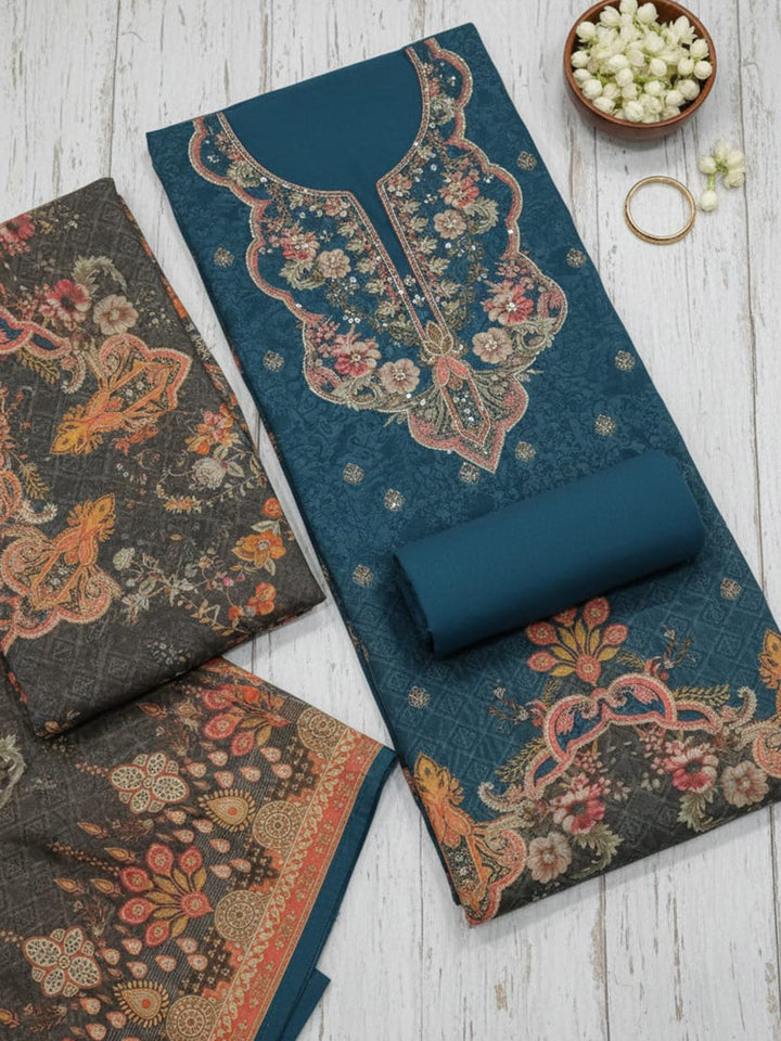 Embroidered Chanderi Unstitched Suit With Pant &amp; Dupatta