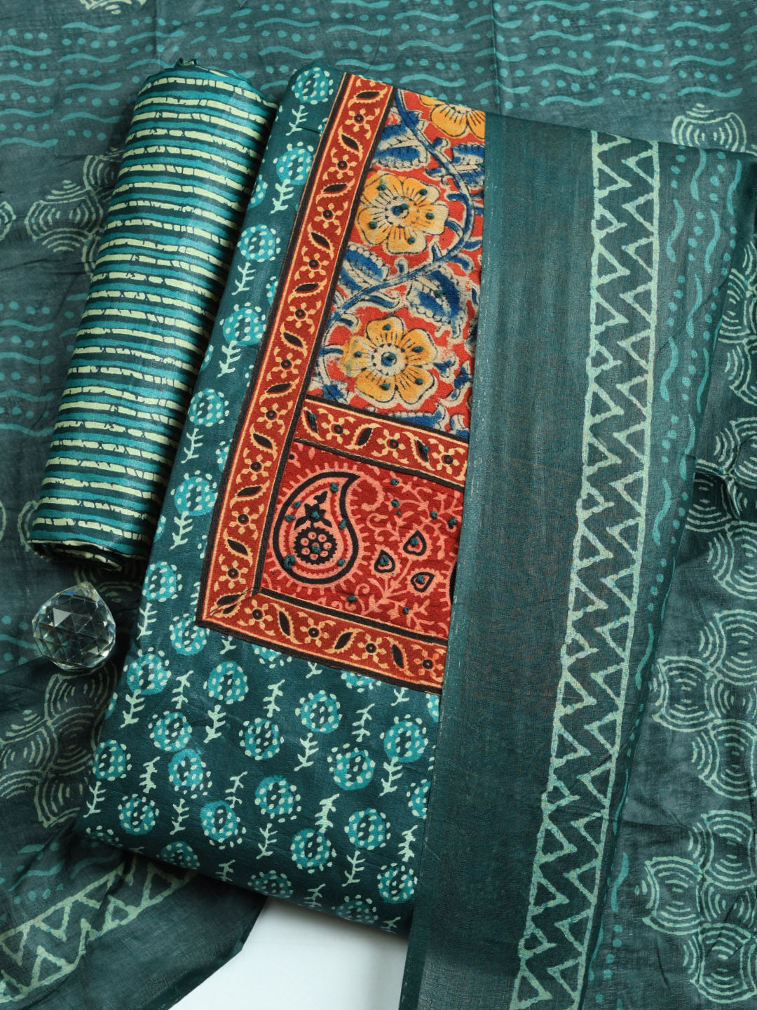 Printed Cotton Blend Unstitched Suit With Pant &amp; Dupatta