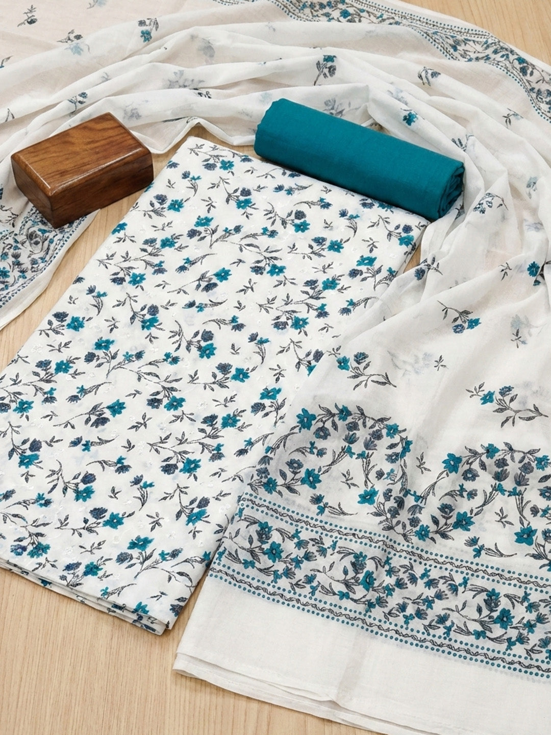 Embroidered Cotton Blend Unstitched Suit With Pant &amp; Dupatta