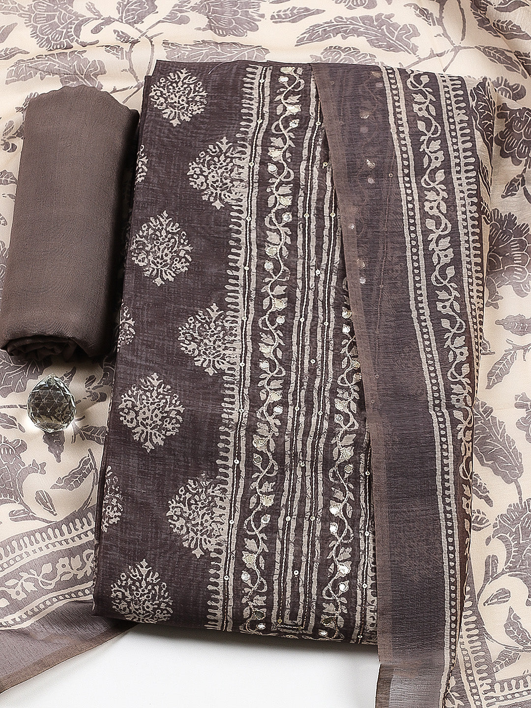 Embroidered Chanderi Unstitched Suit With Pant &amp; Dupatta