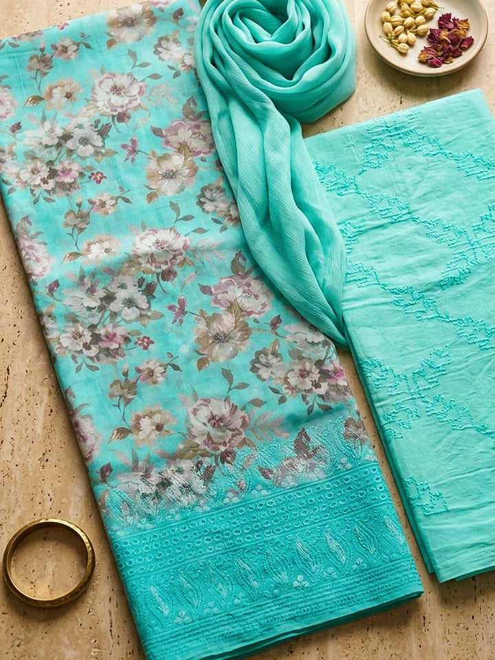 Printed Cotton Blend Unstitched Suit With Pant &amp; Dupatta
