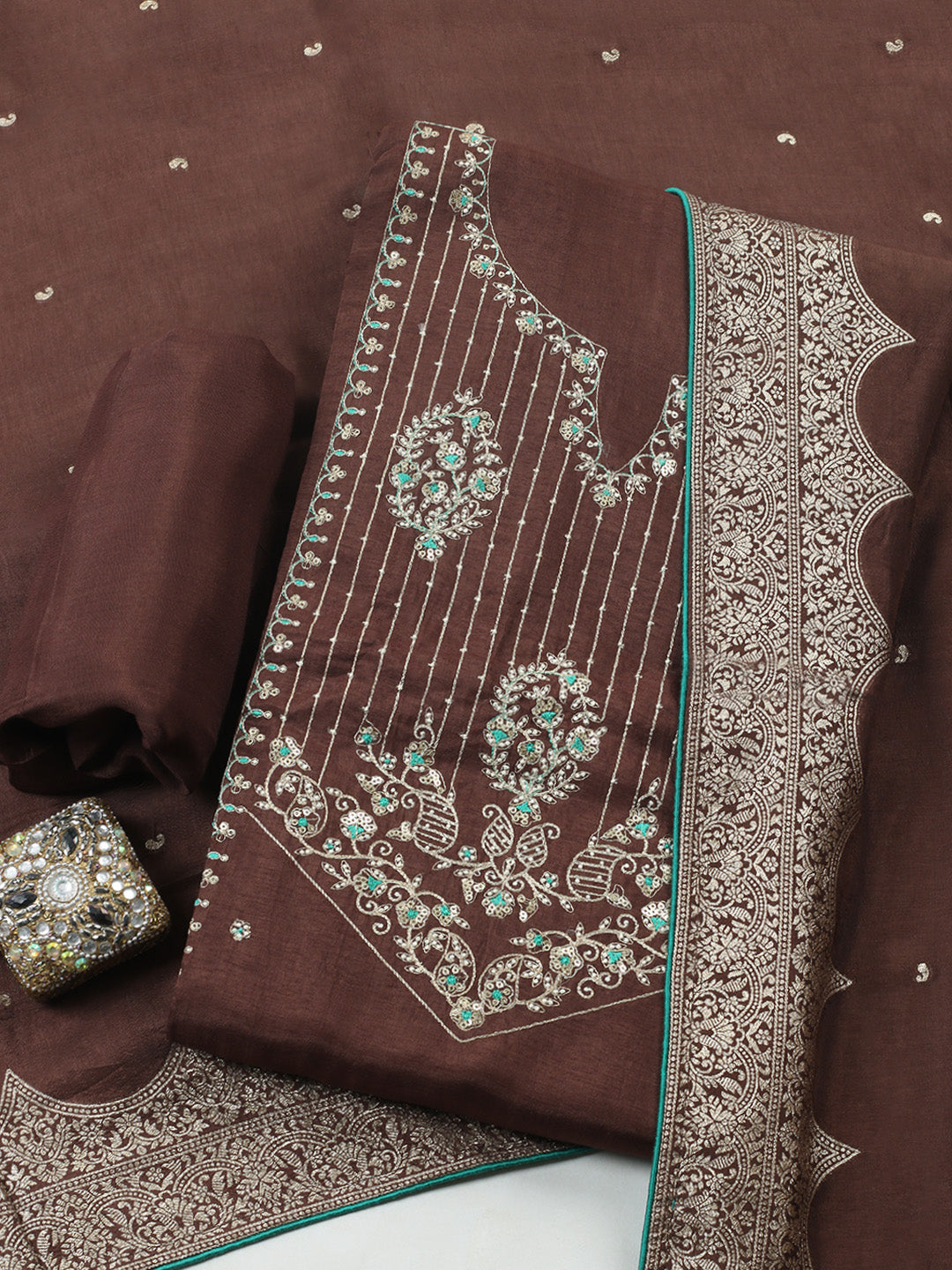 Embroidered Chanderi Unstitched Suit With Pant &amp; Dupatta