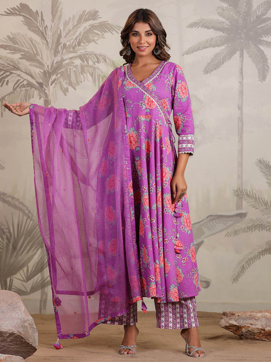 Floral Printed Cotton Blend Kurta With Pants & Dupatta