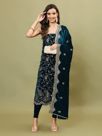 Embroidered Velvet Unstitched Suit Piece With Dupatta