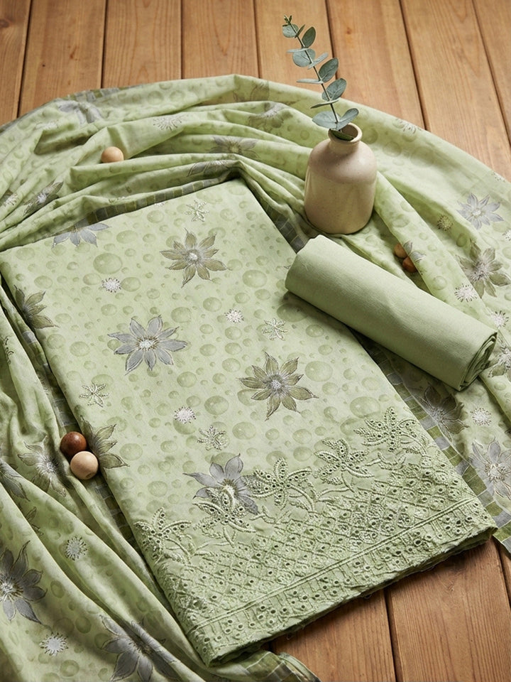 Printed Cotton Blend Unstitched Suit With Pant &amp; Dupatta