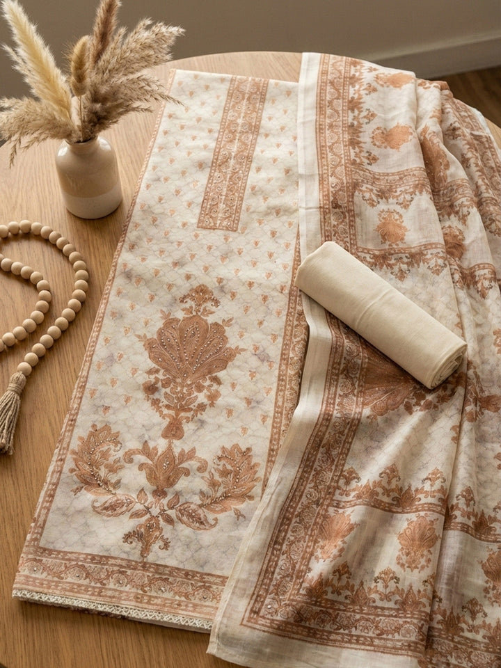 Printed Cotton Blend Unstitched Suit With Pant &amp; Dupatta