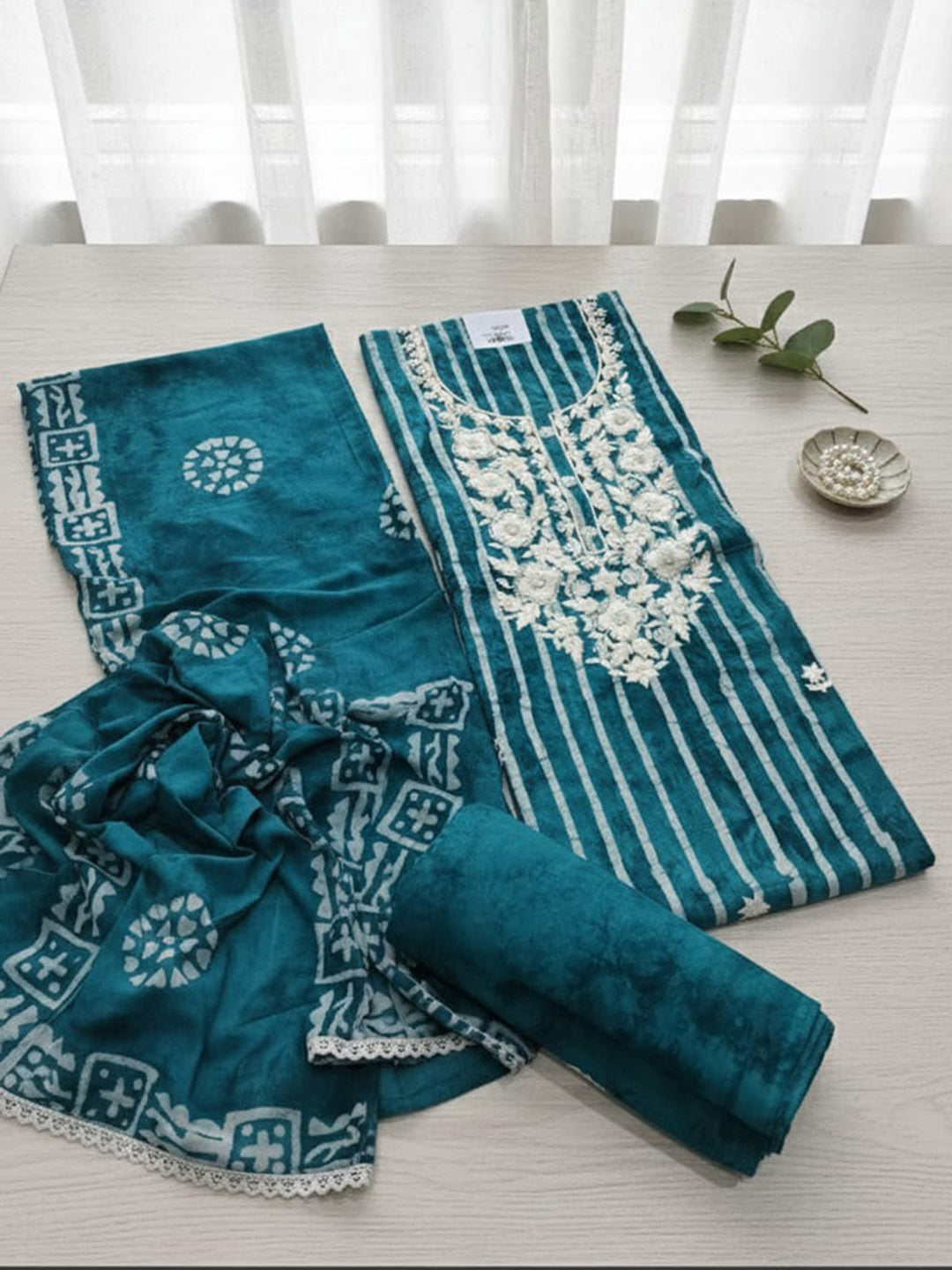 Printed Cotton Blend Unstitched Suit With Pant &amp; Dupatta