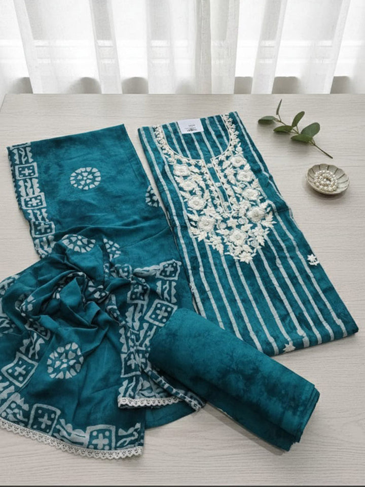 Printed Cotton Blend Unstitched Suit With Pant &amp; Dupatta