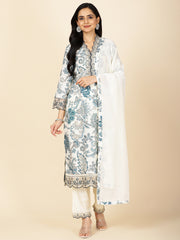 Neck Embroidery Cotton Kurta With Pants & Dupatta