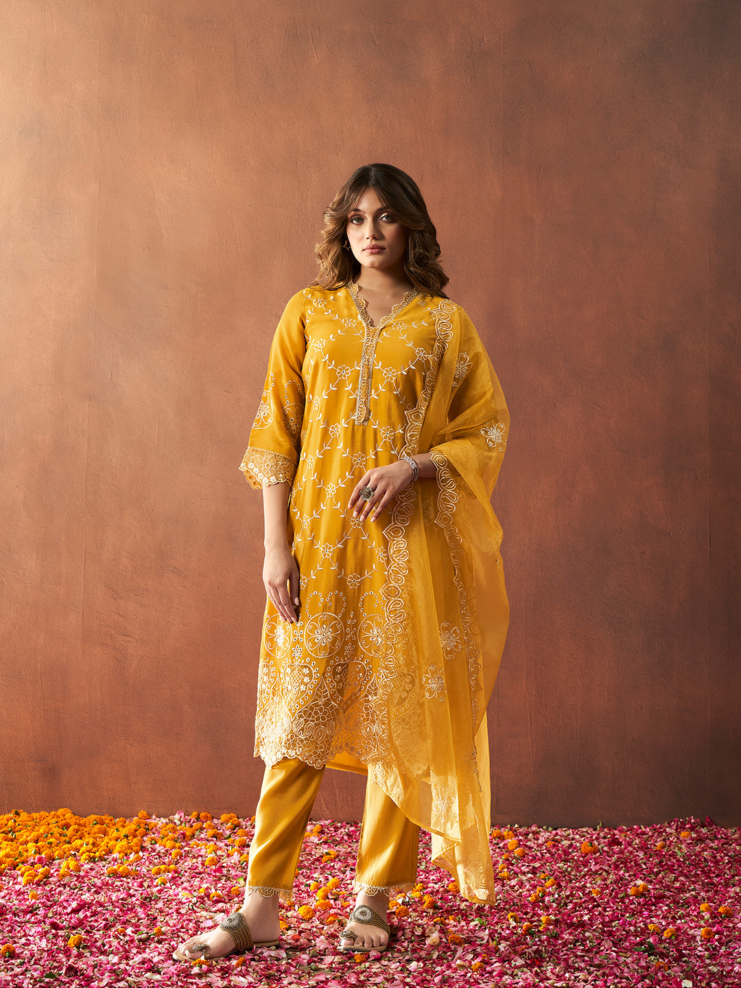 All Over Embroidery Cotton Blend Kurta With Pants & Dupatta