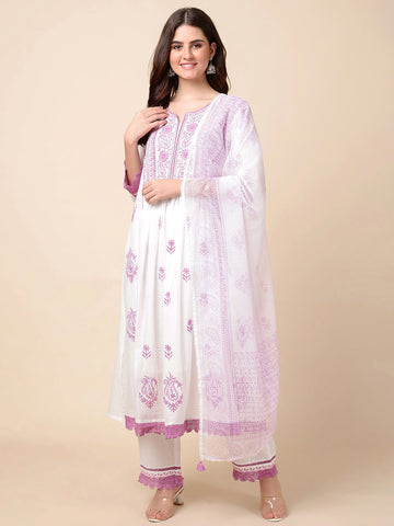 Printed Cotton Anarkali Kurta With Pants & Dupatta