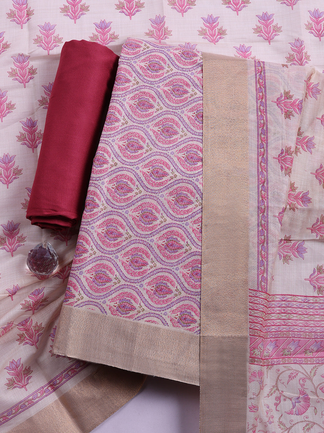 Printed, Chanderi Unstitched Suit With Pant &amp; Dupatta