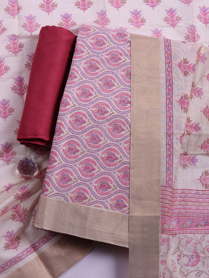 Printed, Chanderi Unstitched Suit With Pant &amp; Dupatta