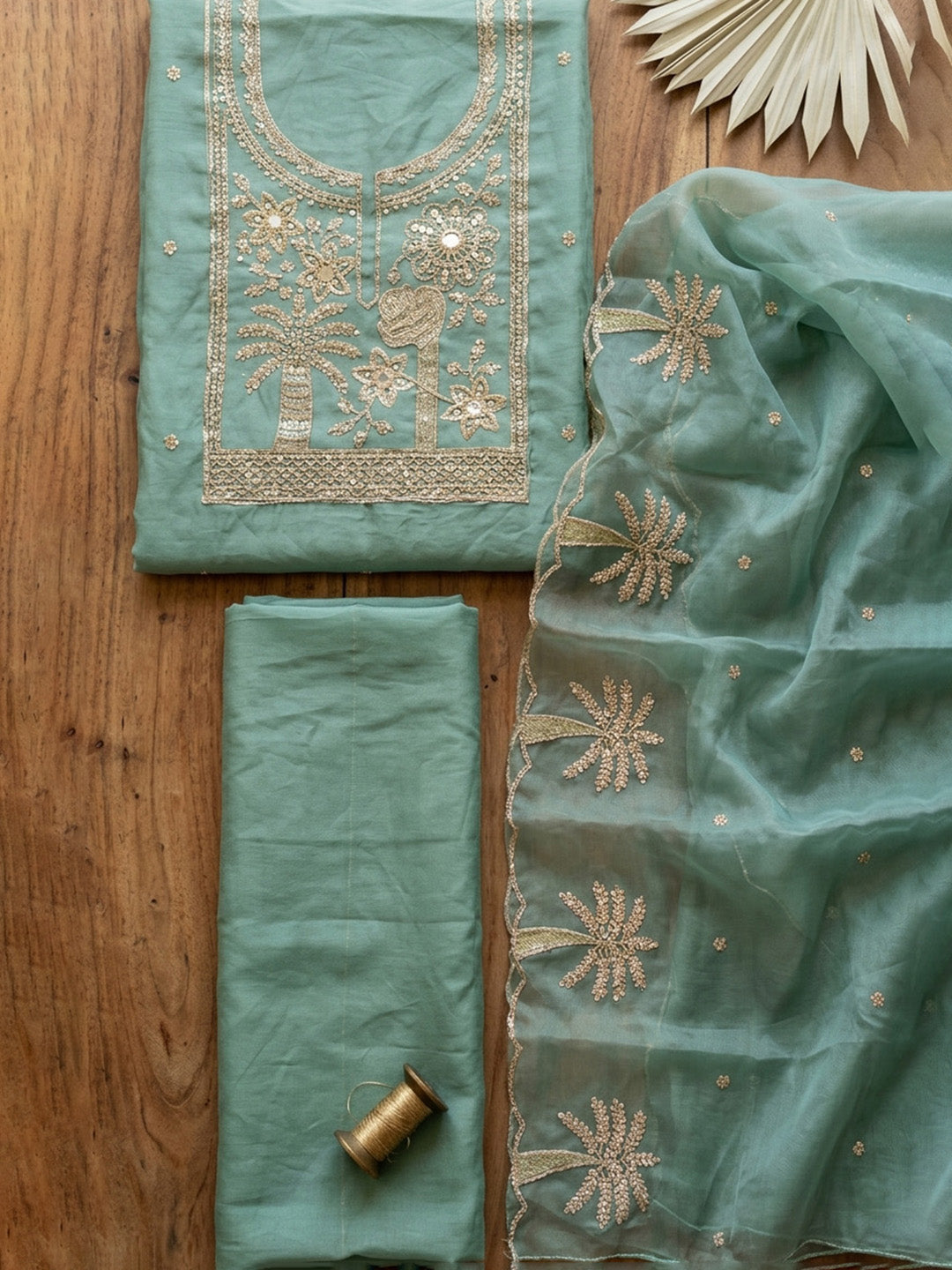 Embroidered Chanderi Unstitched Suit With Pant &amp; Dupatta