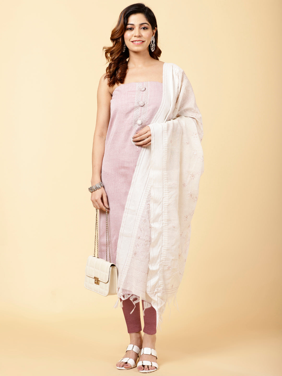 Neck Embroidered Chanderi Unstitched Suit Piece With Dupatta