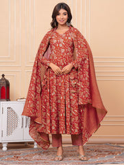 Printed Cotton Blend Kurta With Pants & Dupatta