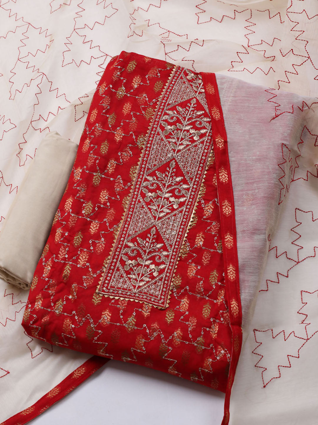 Neck Embroidered Cotton Blend Unstitched Suit With Dupatta
