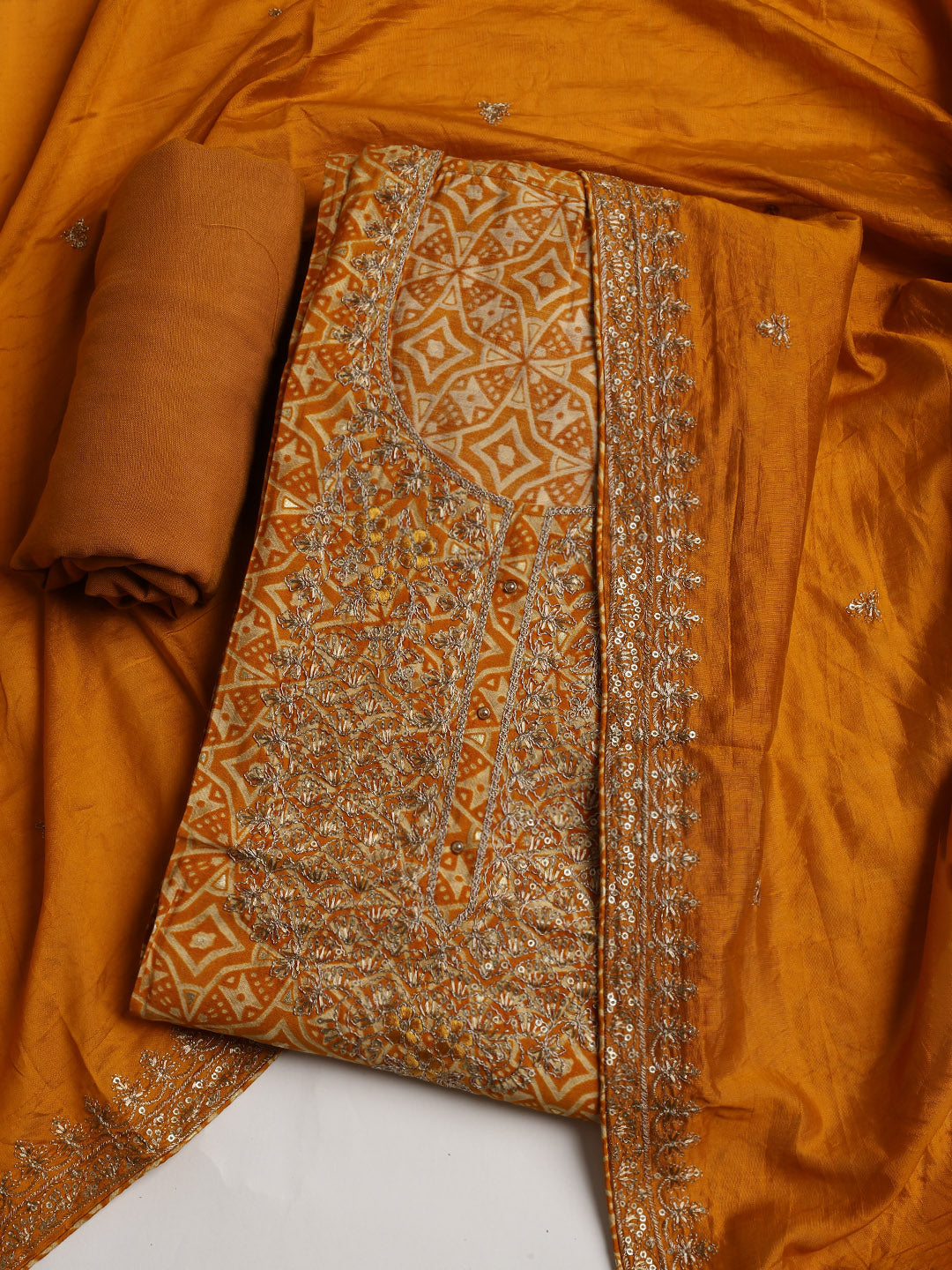Neck Embroidered Cotton Blend Unstitched Suit With Dupatta